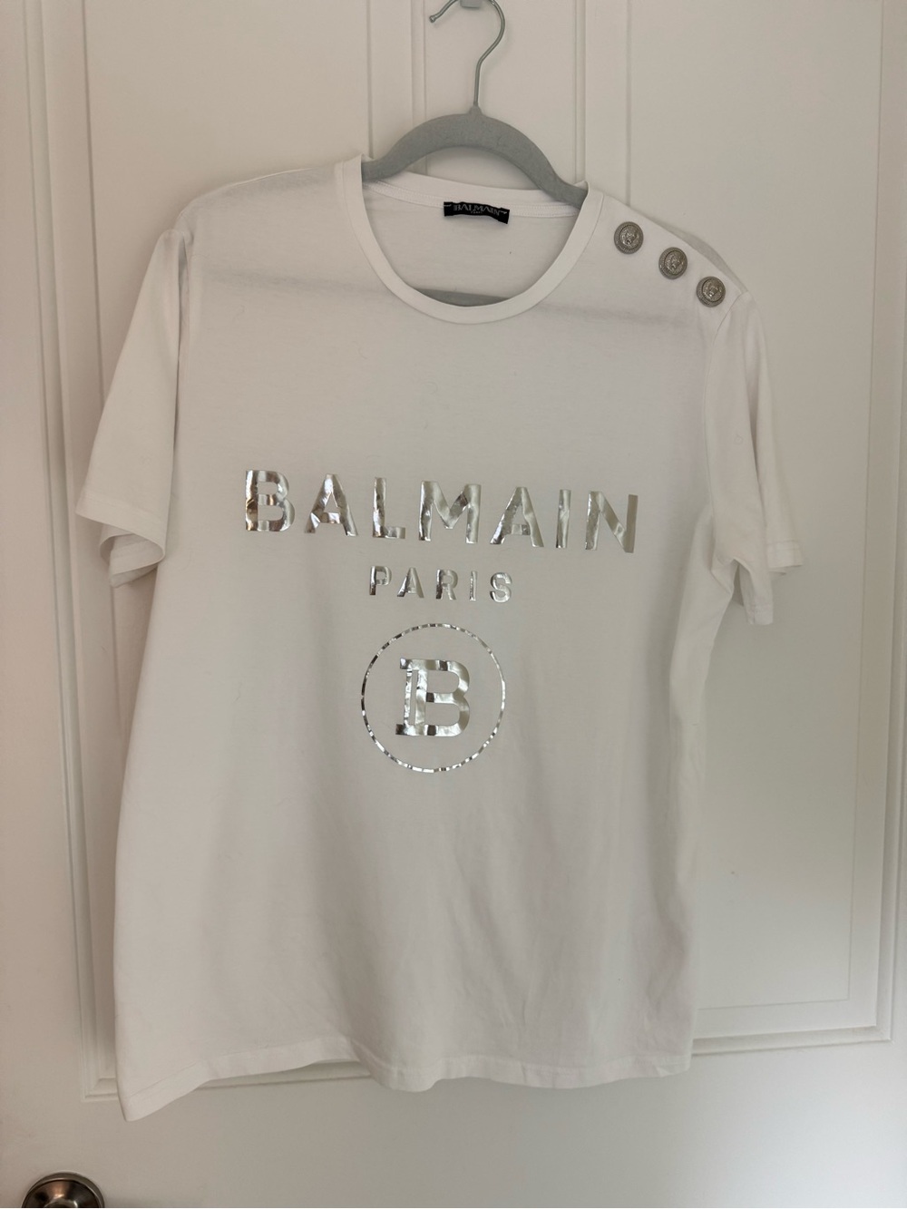 Balmain White Crewneck Tee with Silver Label
